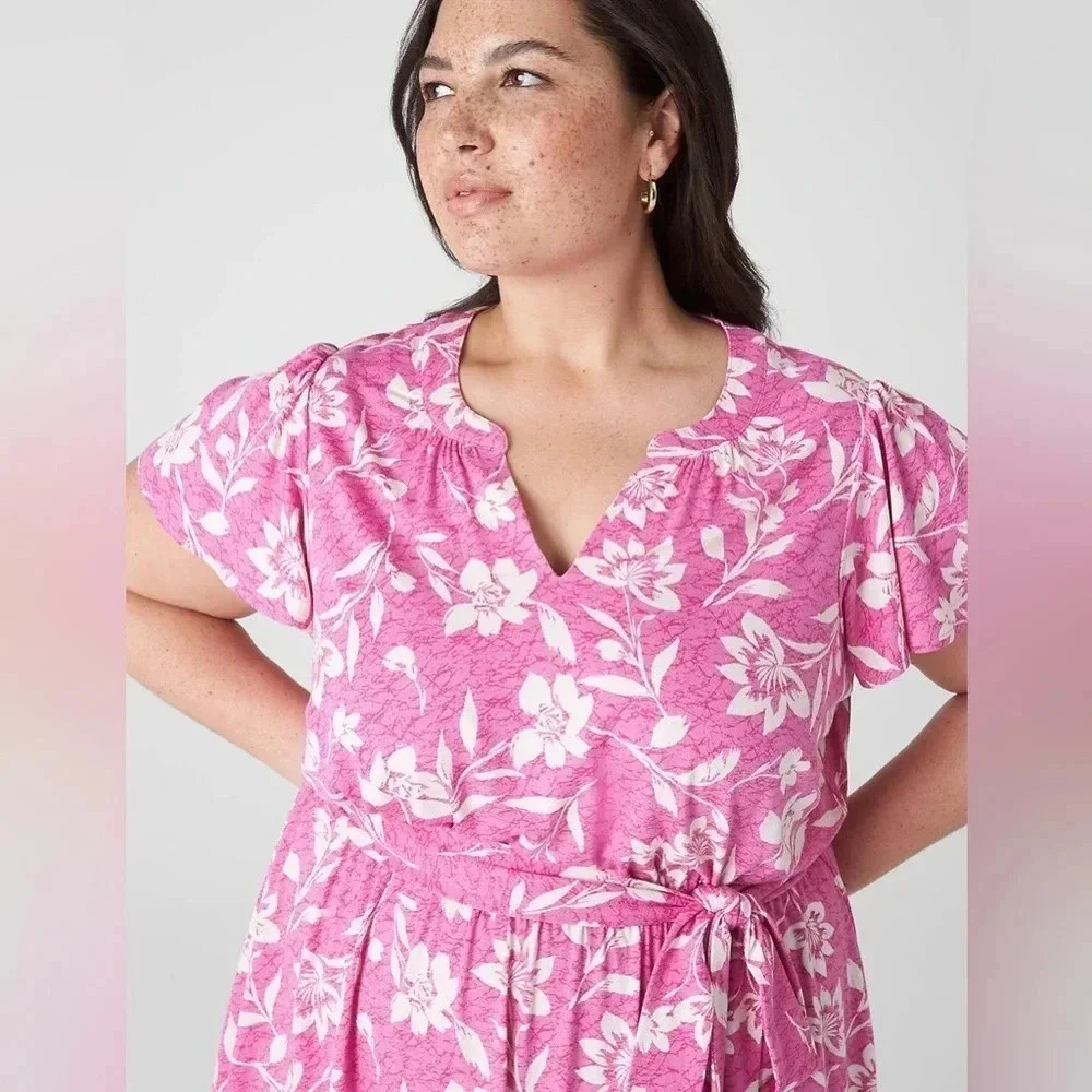 Lane Bryant Cabo Flower Flutter-Sleeve V-Neck Knit Swing Dress Plus Size 14/16